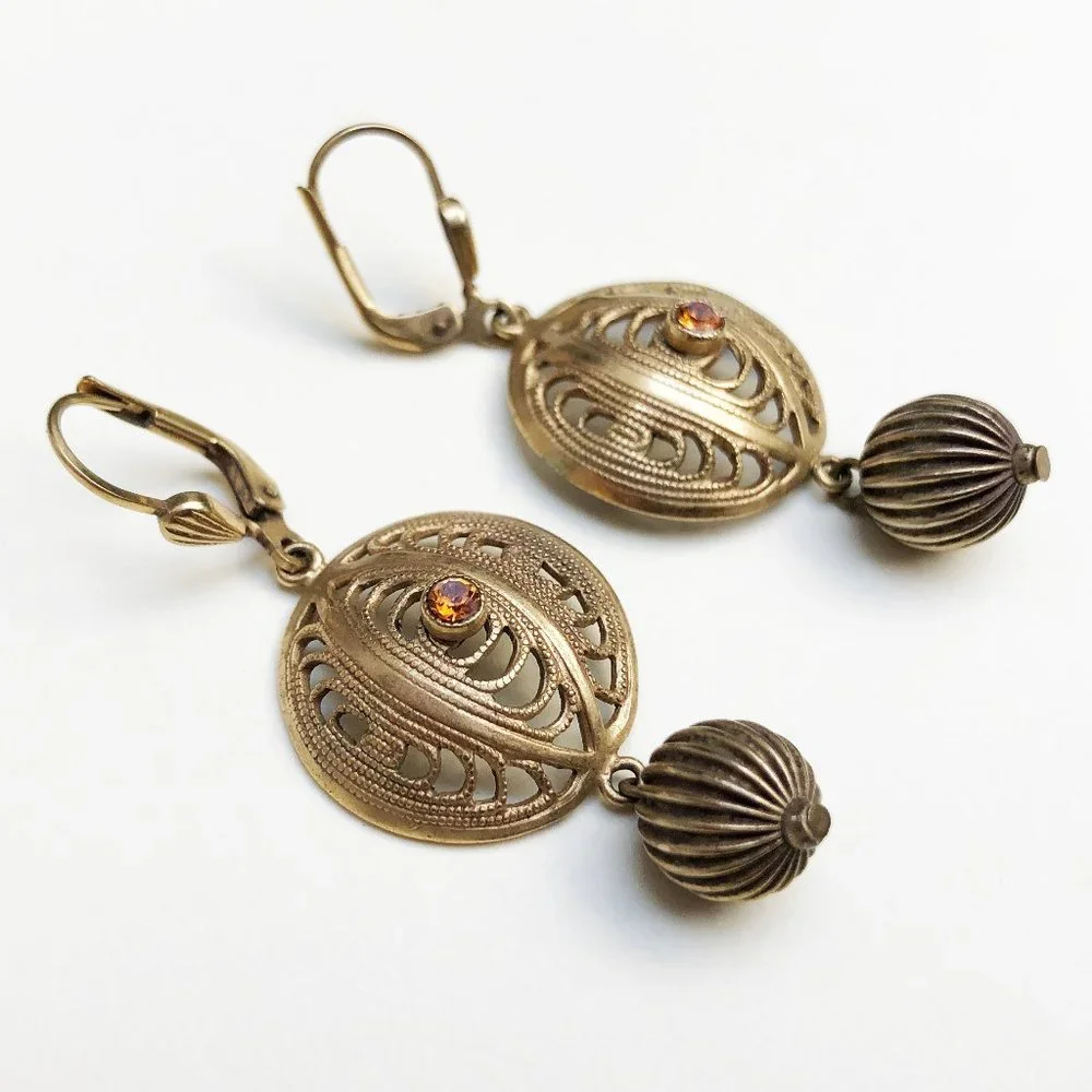 Gold filigree earrings dangle, fancy golden circle earrings
